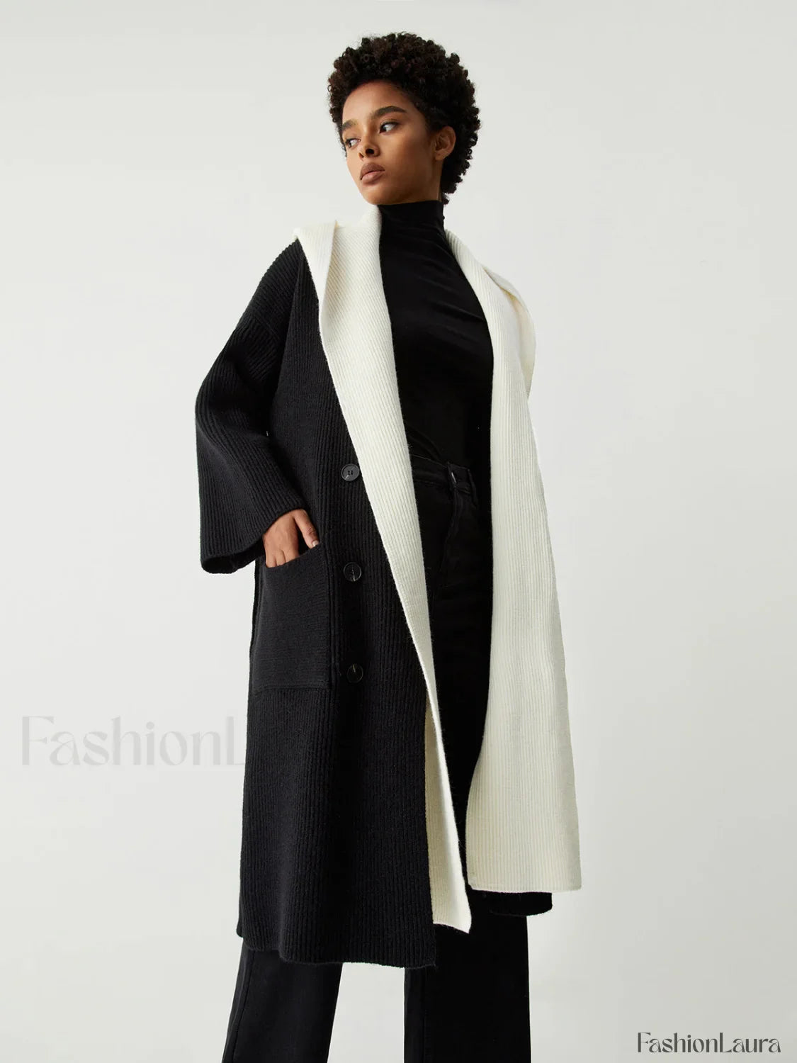 Two Tone Hooded Trendy Belted Longline Cardigan