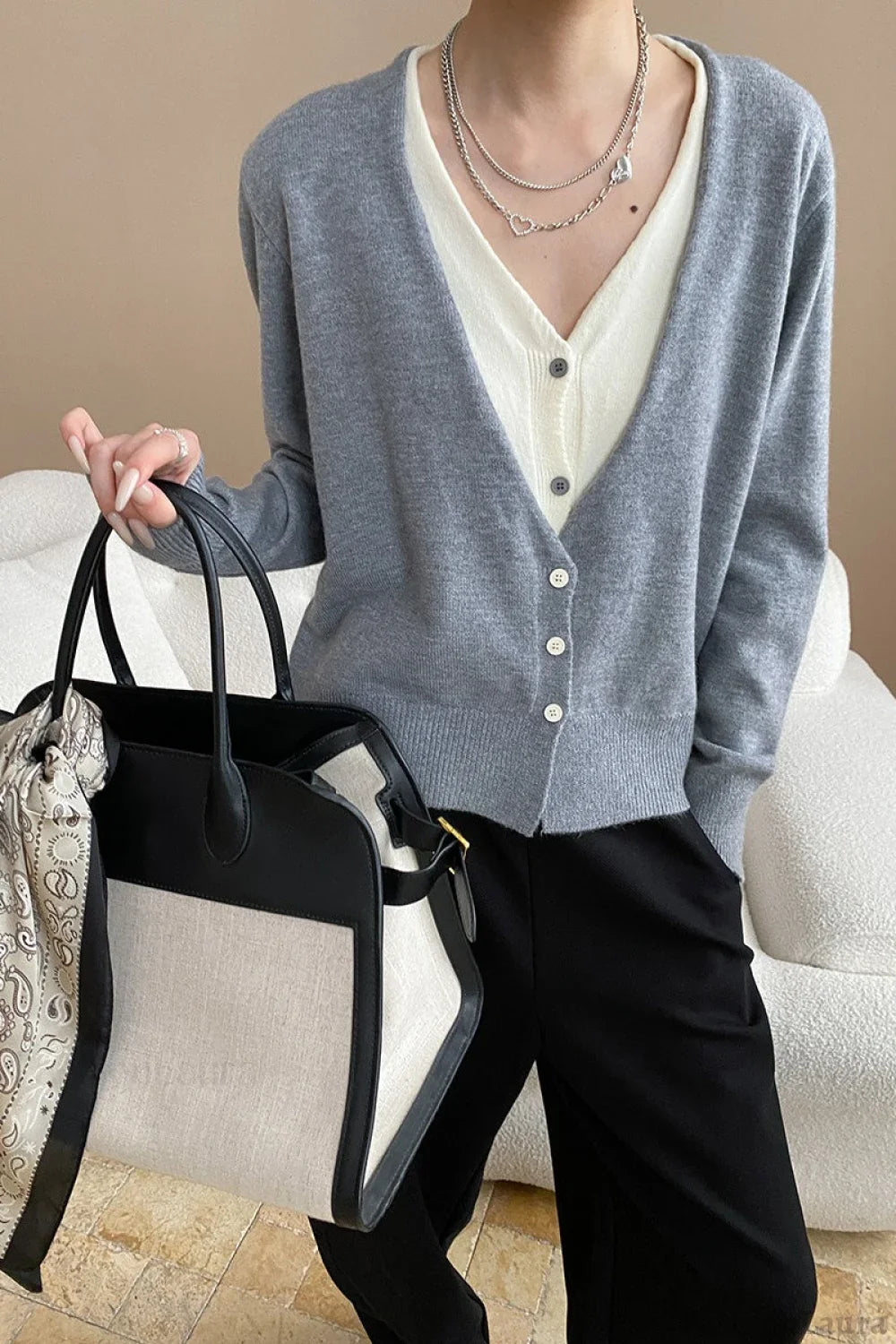 Two-Tone V-Neck Cardigan