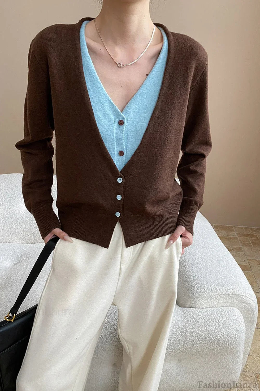 Two-Tone V-Neck Cardigan Brown / One Size