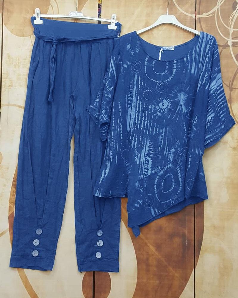 Tie Dye Batwing Top and Button Hem Pants Two Piece Set 2