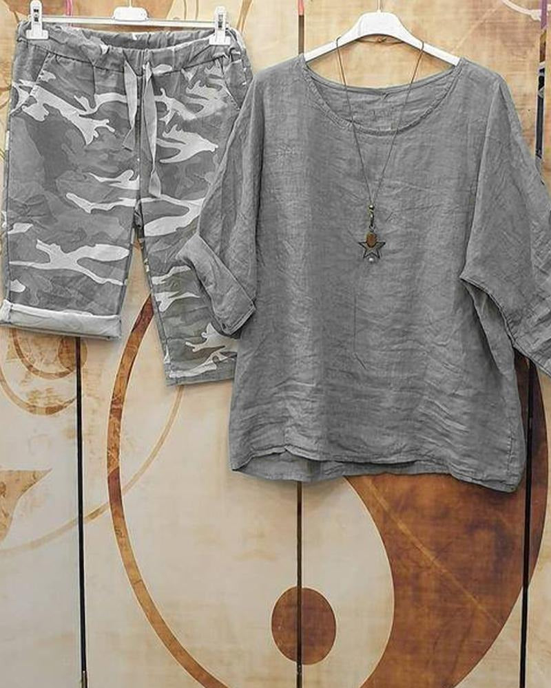 Camouflage Casual Summer Half Sleeves Two Piece Suit