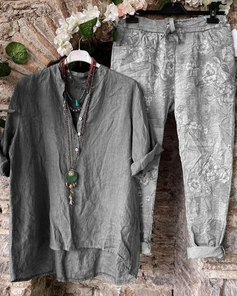 Button Front Top and Floral Print Pants Two Piece Set