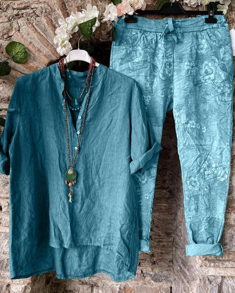 Button Front Top and Floral Print Pants Two Piece Set