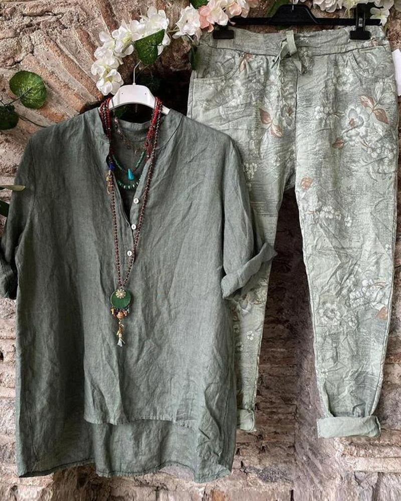 Button Front Top and Floral Print Pants Two Piece Set