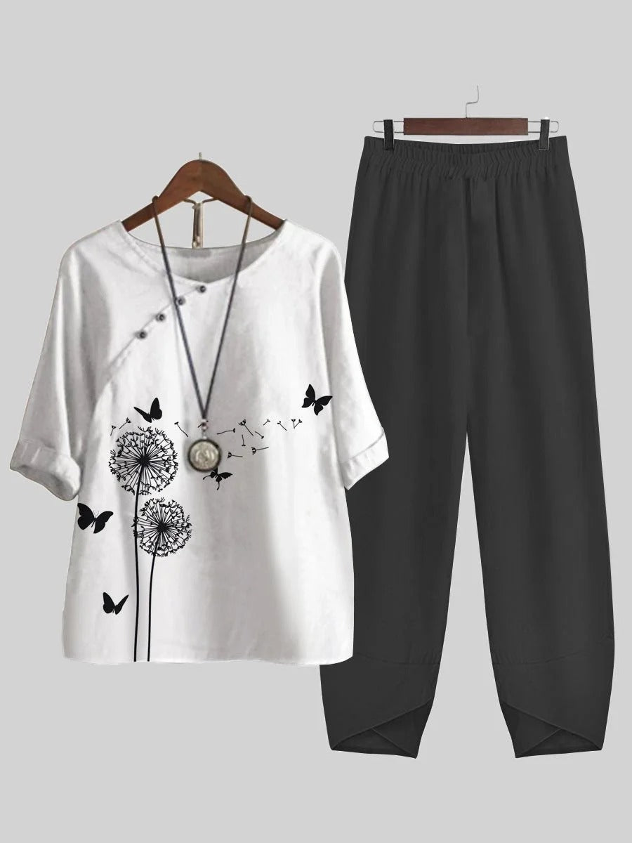 Dandelion Butterfly Print Top and Pants Two Piece Set