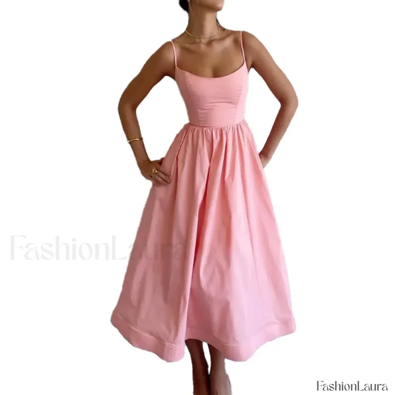 U-Neck Pleated Sundress Midi Dress
