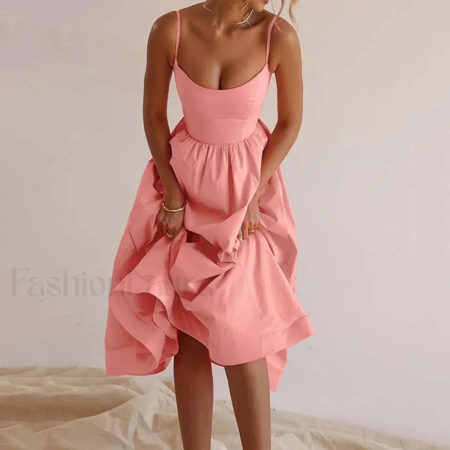 U-Neck Pleated Sundress Midi Dress