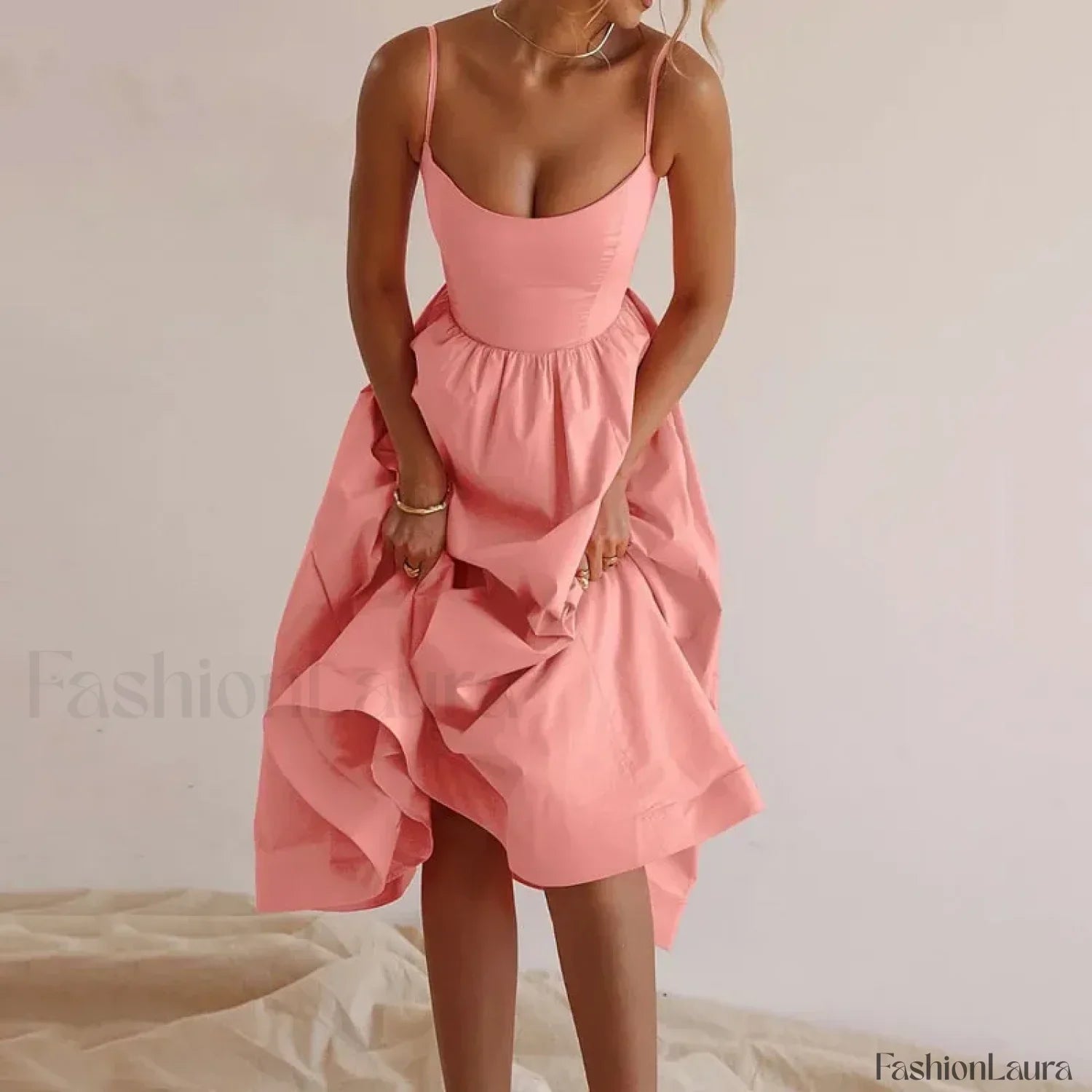 U-Neck Pleated Sundress Midi Dress