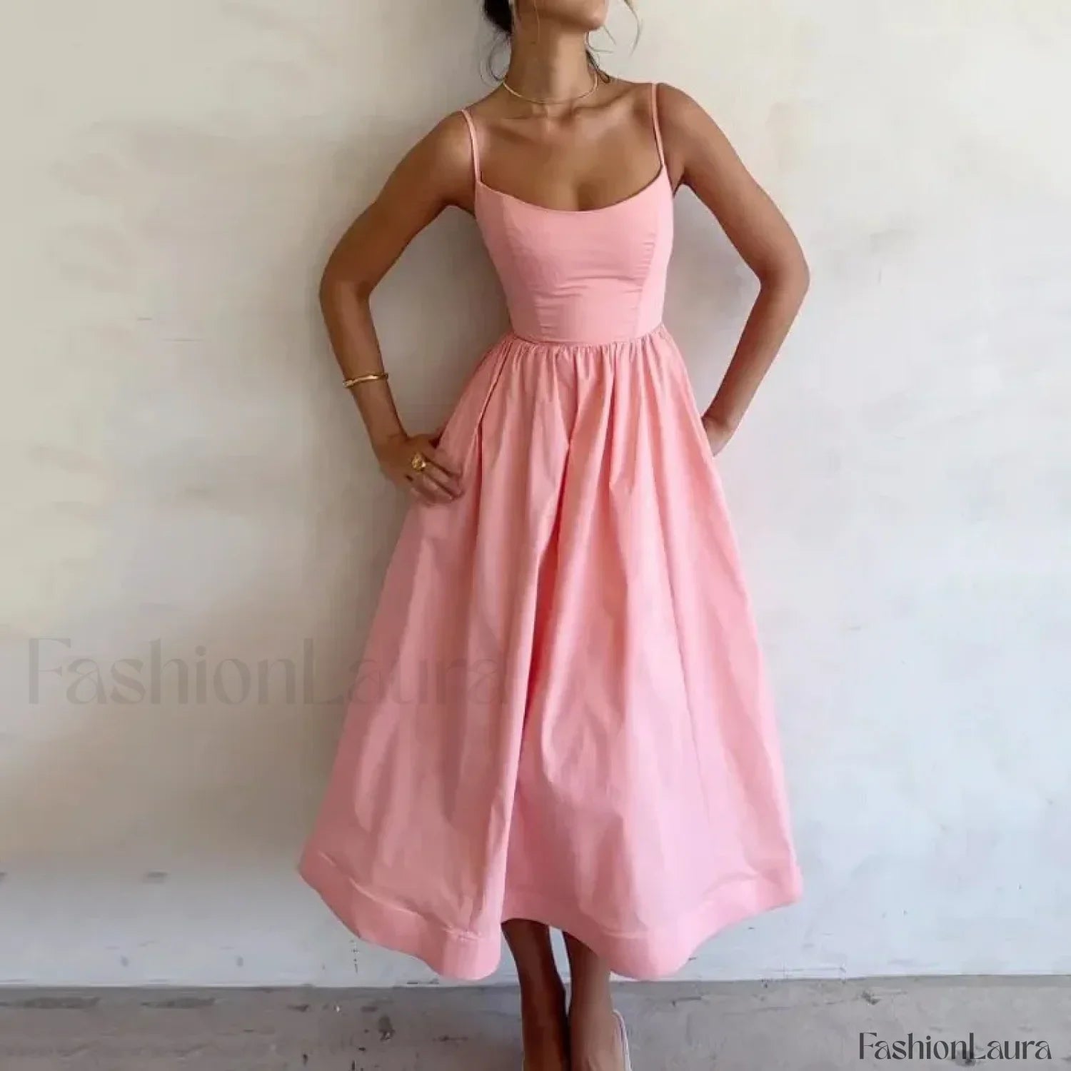 U-Neck Pleated Sundress Midi Dress
