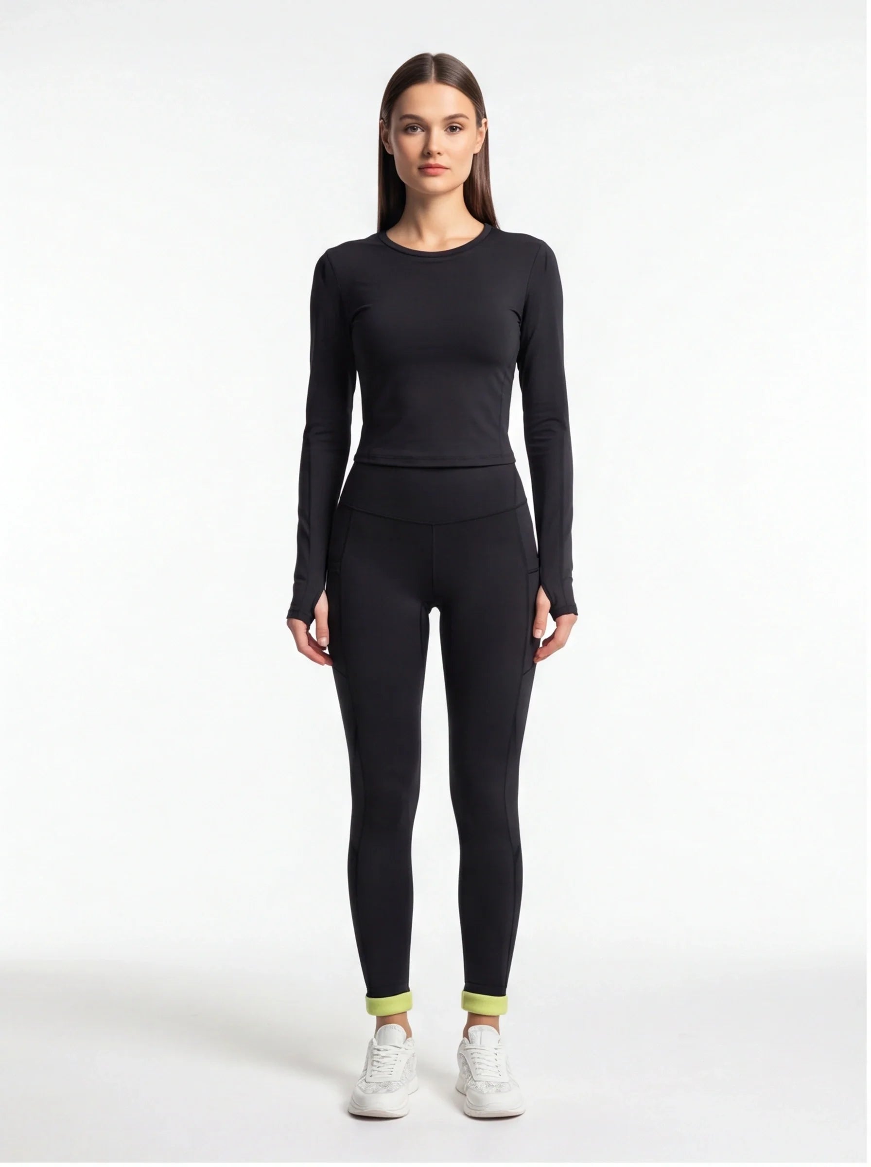 Black Leggings Fleece-Lined High-Waisted With Pockets For Cold Weather Comfort Everyday