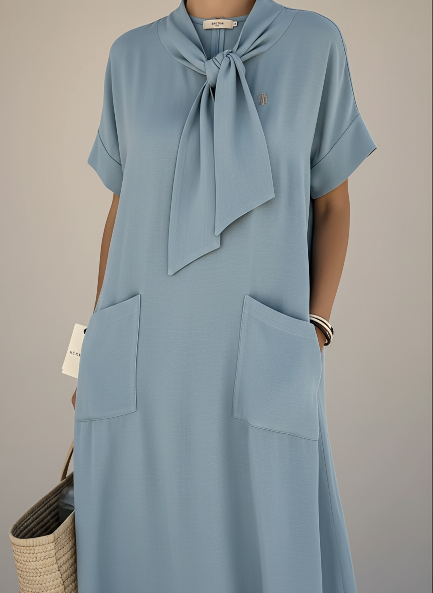 Tie Neck Short Sleeve Pocket Midi Dress