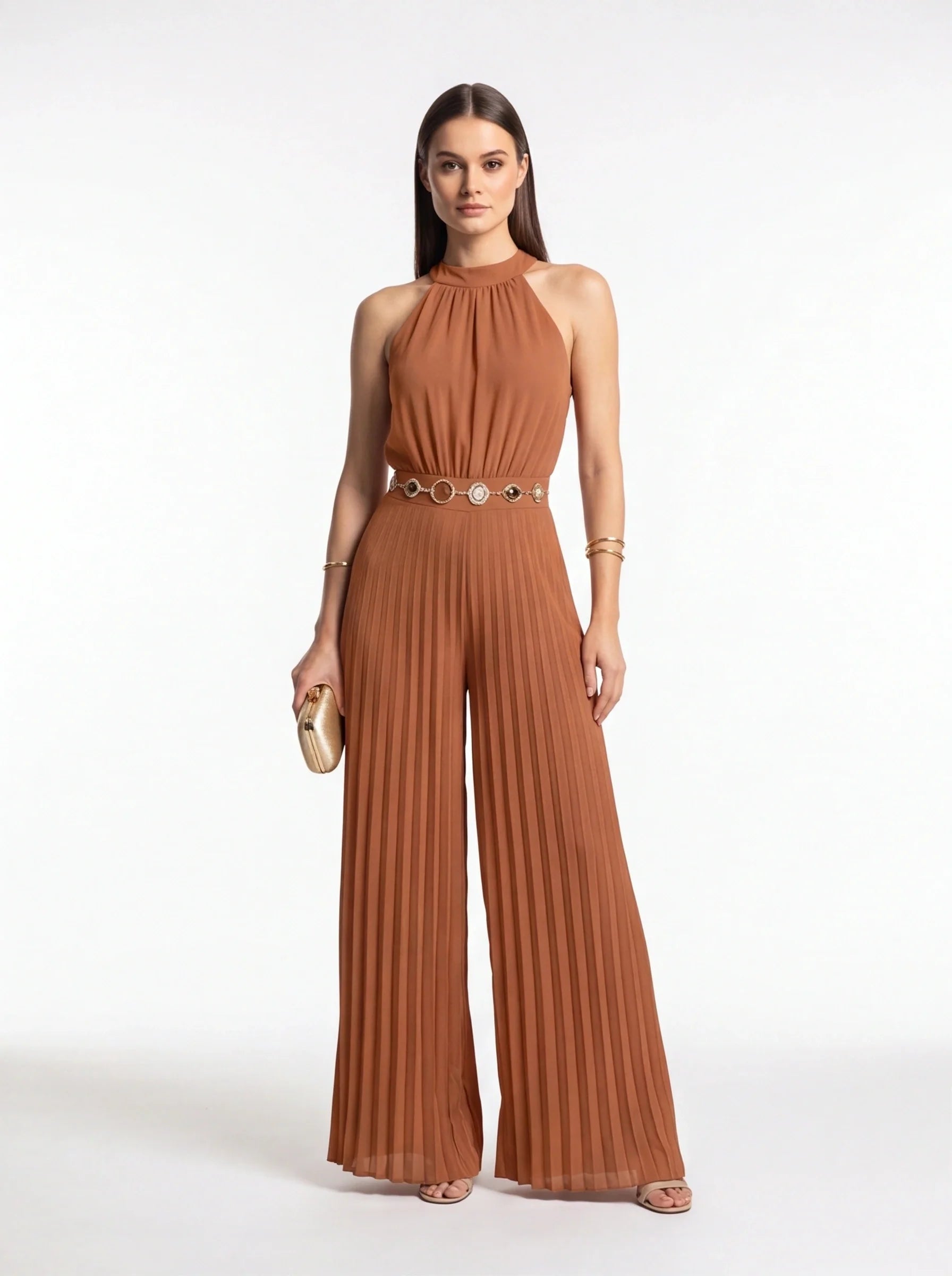 Elegant Pleated Wide-Leg Jumpsuit with Adjustable Straps & Pockets
