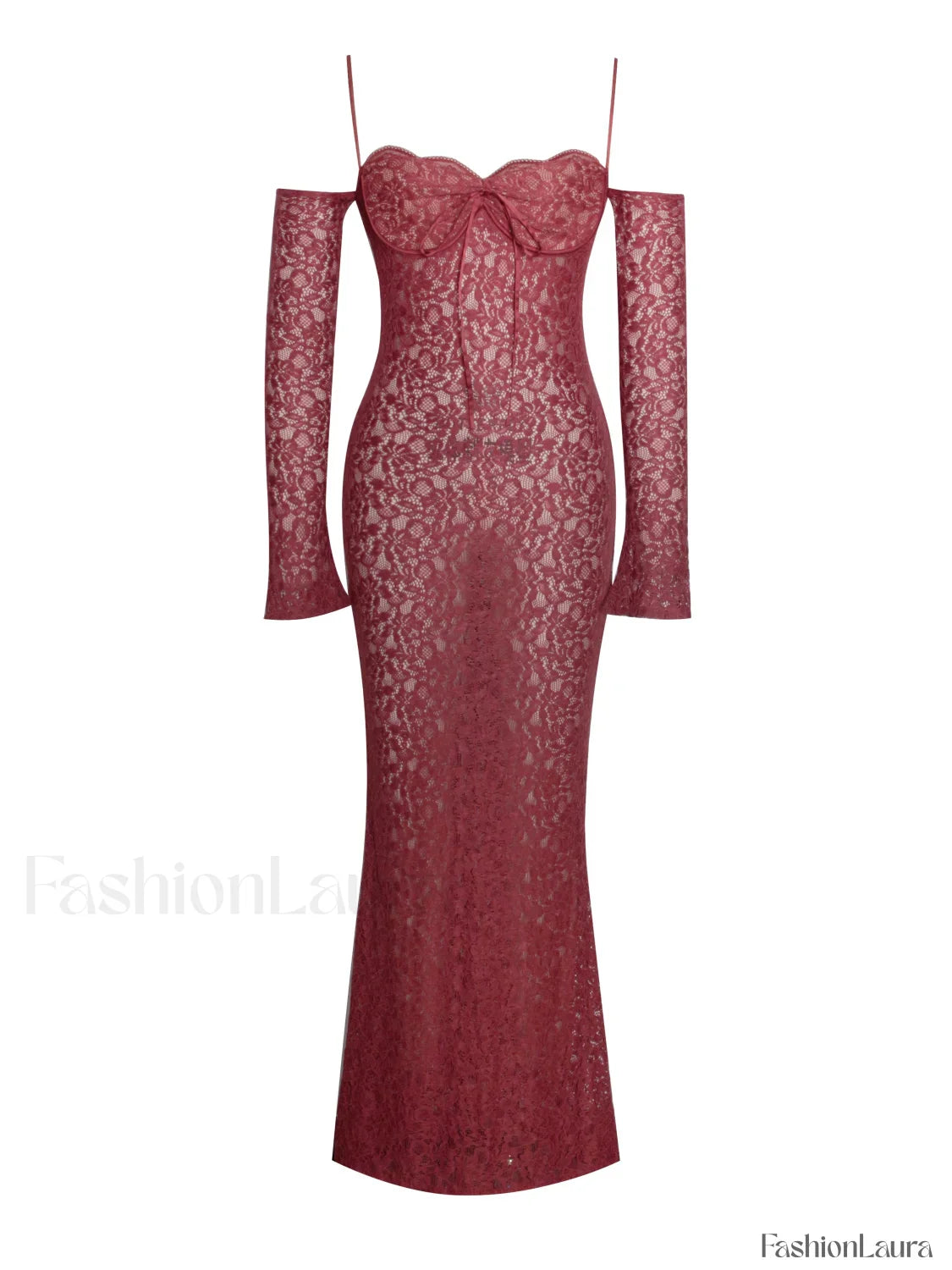Udaya Burgundy Lace Charming Long Sleeve Maxi Dress