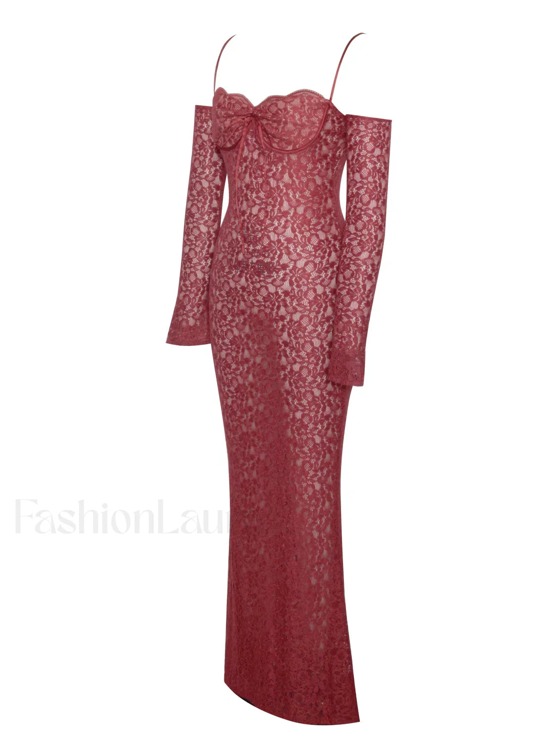 Udaya Burgundy Lace Charming Long Sleeve Maxi Dress