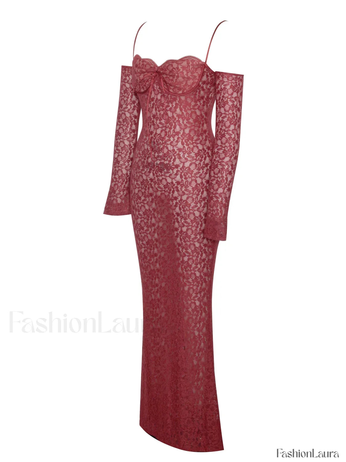 Udaya Burgundy Lace Charming Long Sleeve Maxi Dress