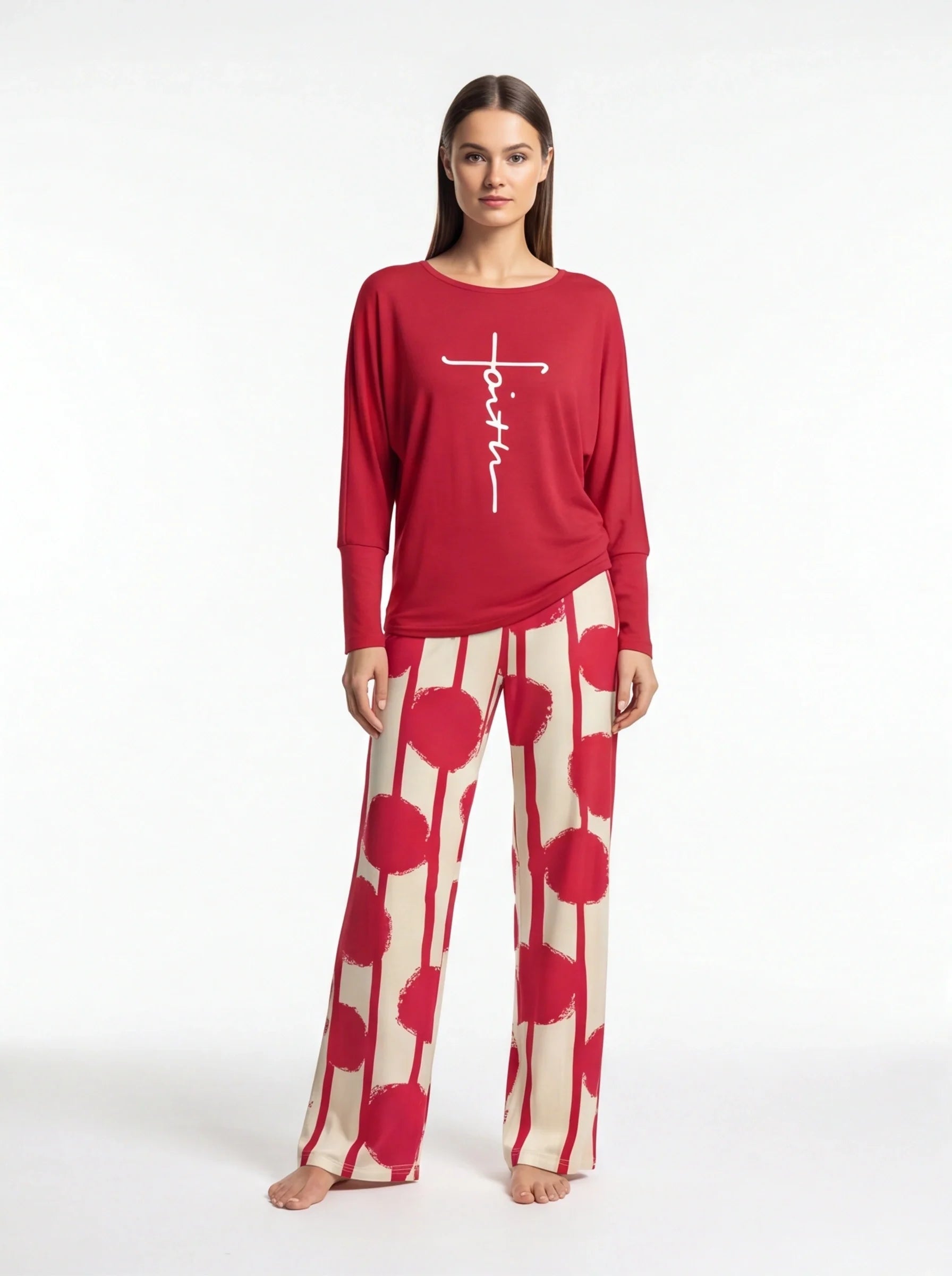 Multicolor Batwing Sleeve Lounge Set With Striped Pants