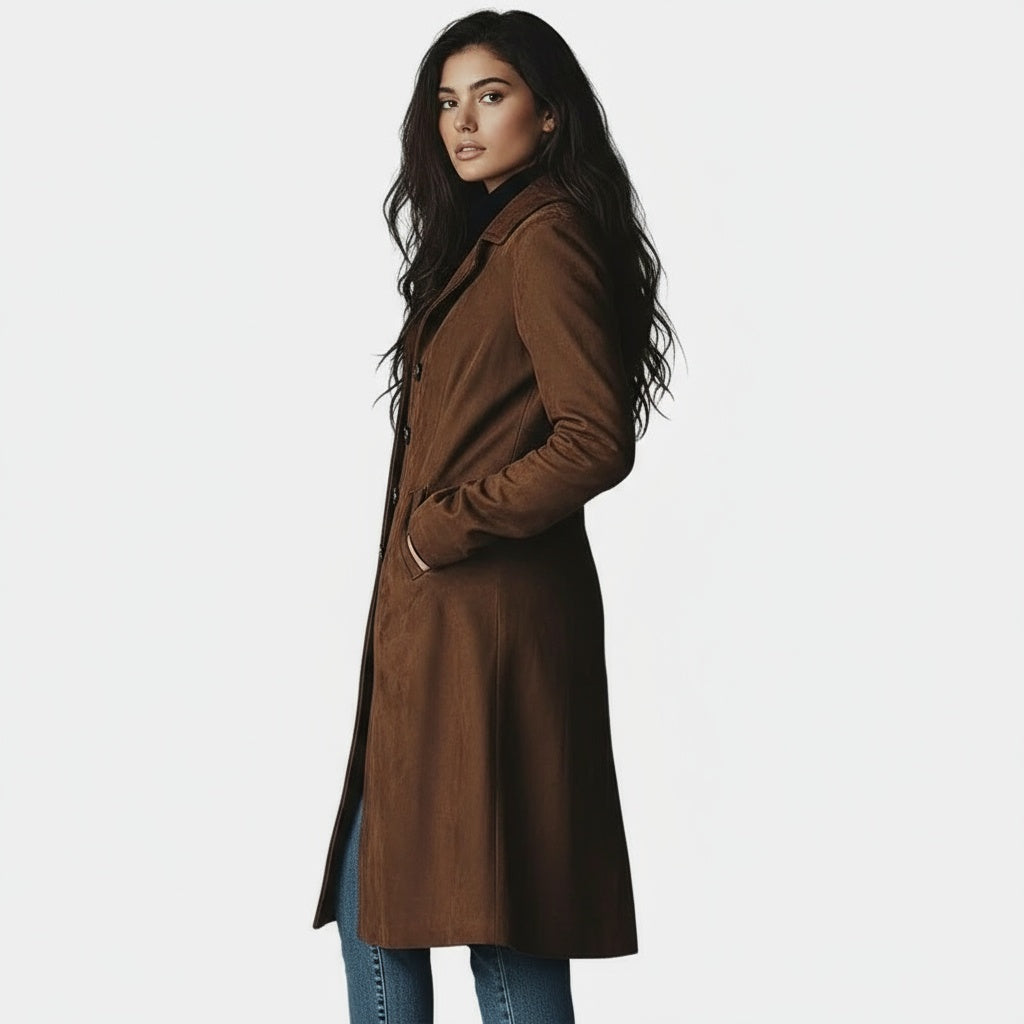 Suede Look Notch Lapel Button Front Longline Coat