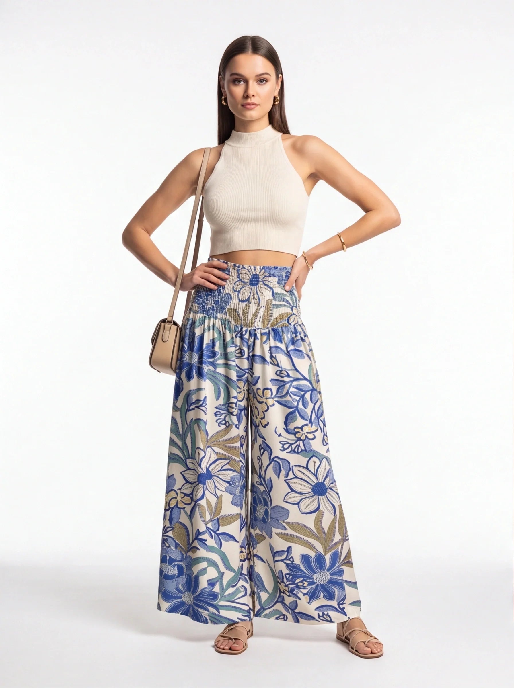Multicolor Pants High Waist Shirred Elastic Wide Leg Floral Print Drapes Softly Viscose