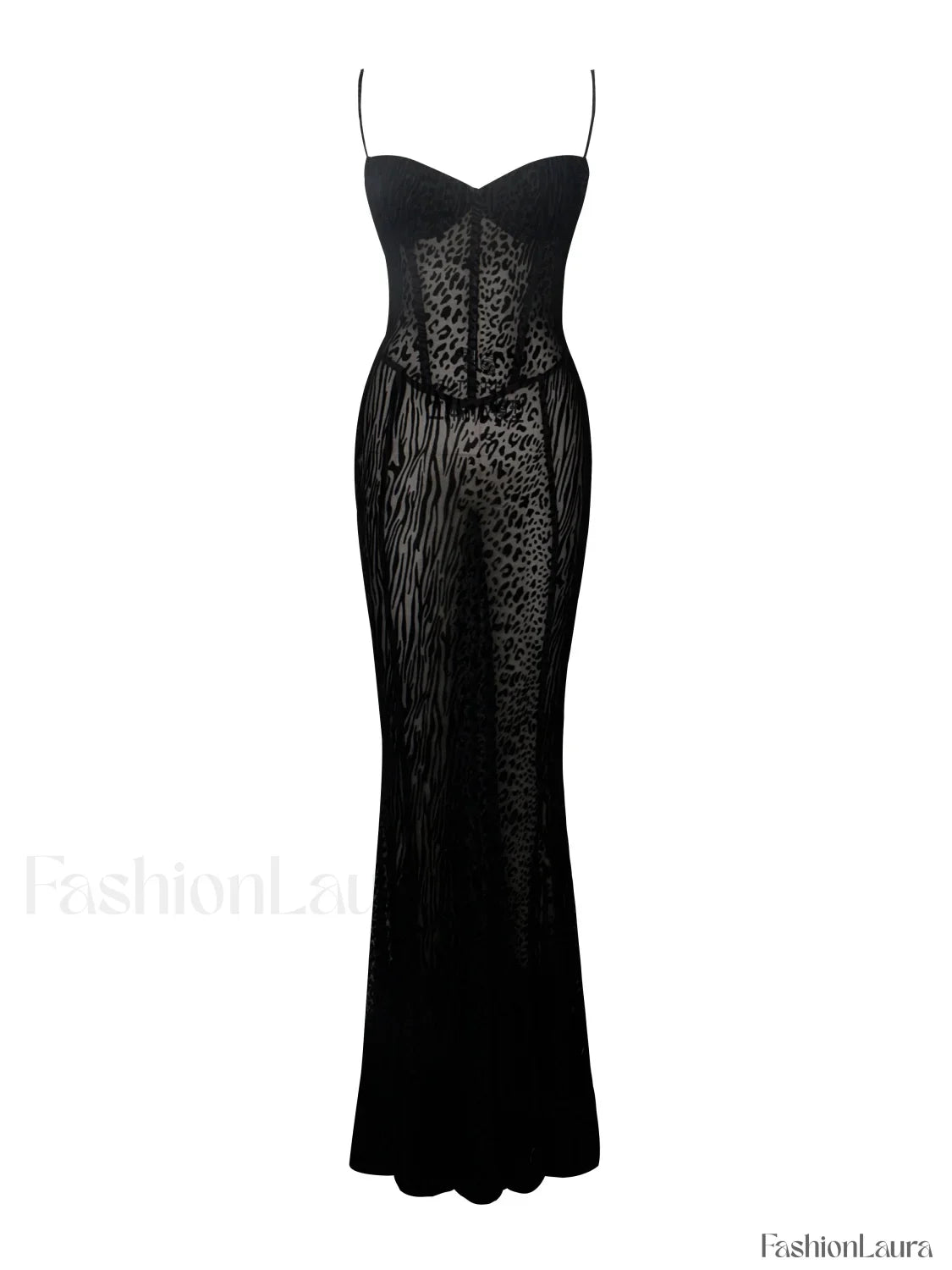 Ulani Black Burnout Velvet Graceful Detail Mesh Maxi Dress