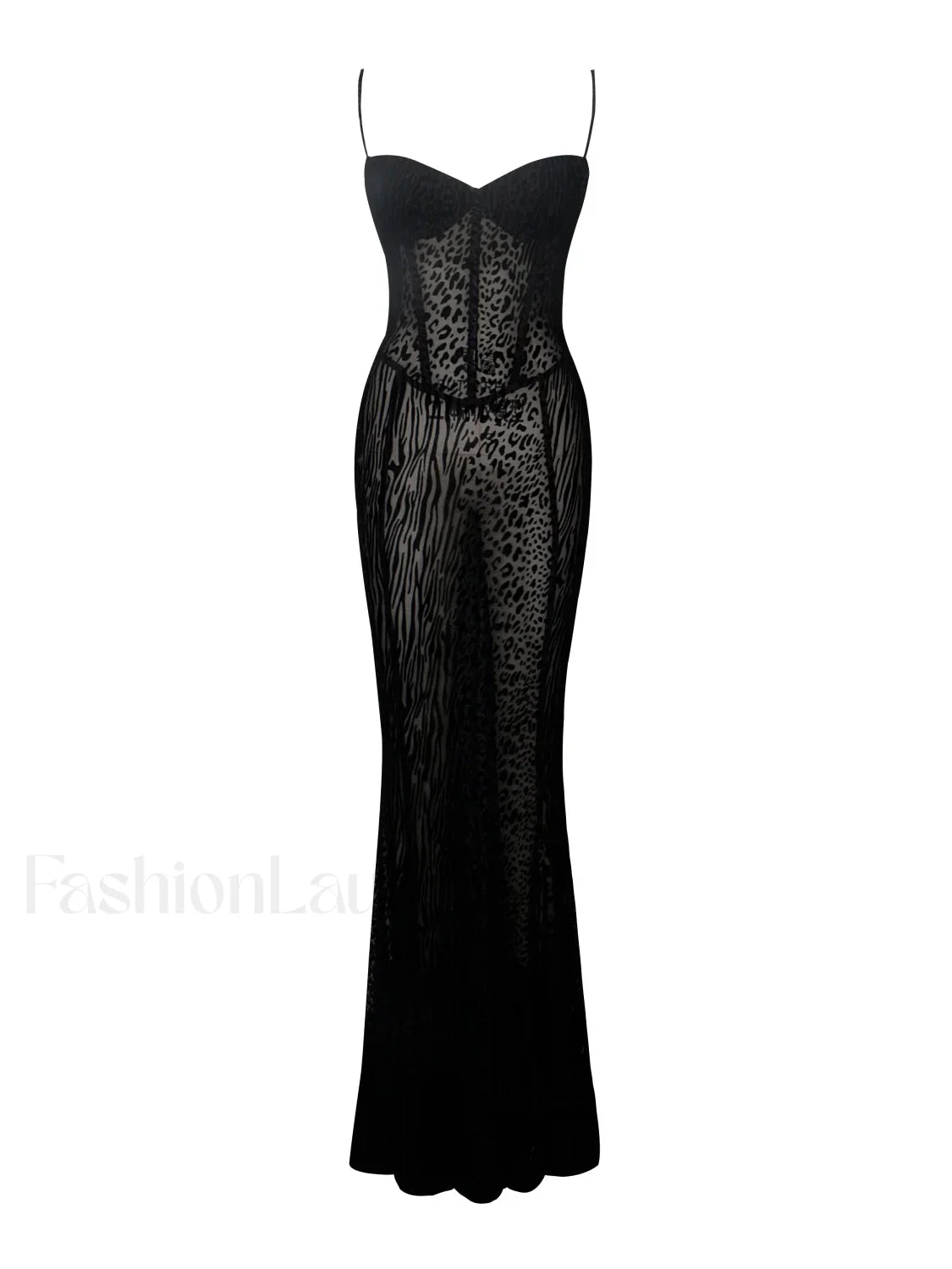 Ulani Black Burnout Velvet Graceful Detail Mesh Maxi Dress
