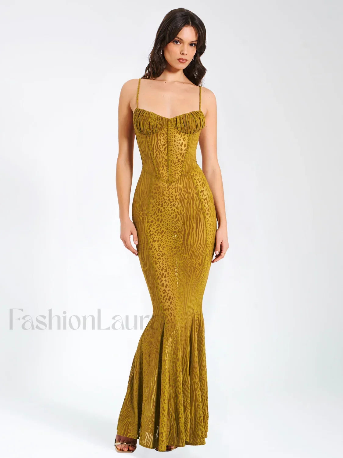 Ulani Gold Burnout Velvet Graceful Detail Mesh Maxi Dress M / US 6 8 Dresses
