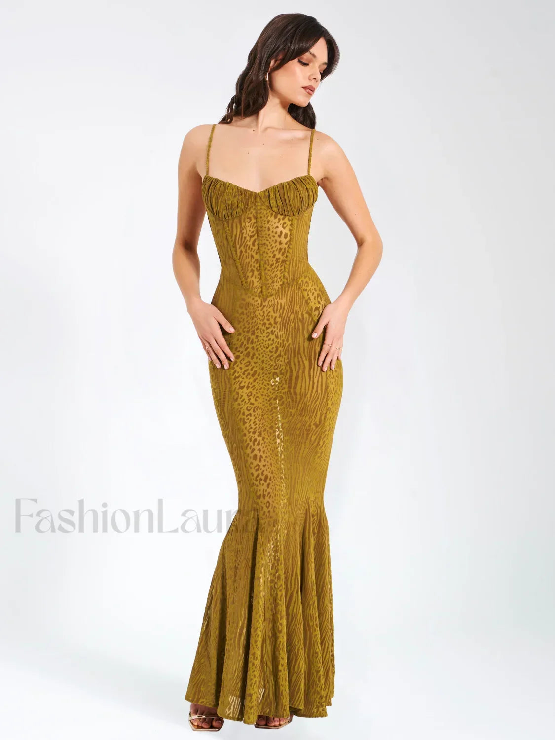 Ulani Gold Burnout Velvet Graceful Detail Mesh Maxi Dress XL / US 12 14 Dresses