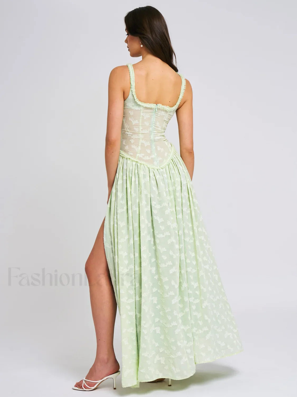 Ulissa Light Green Square Neck Trendy Jacquard Textured High Slit Maxi Dress