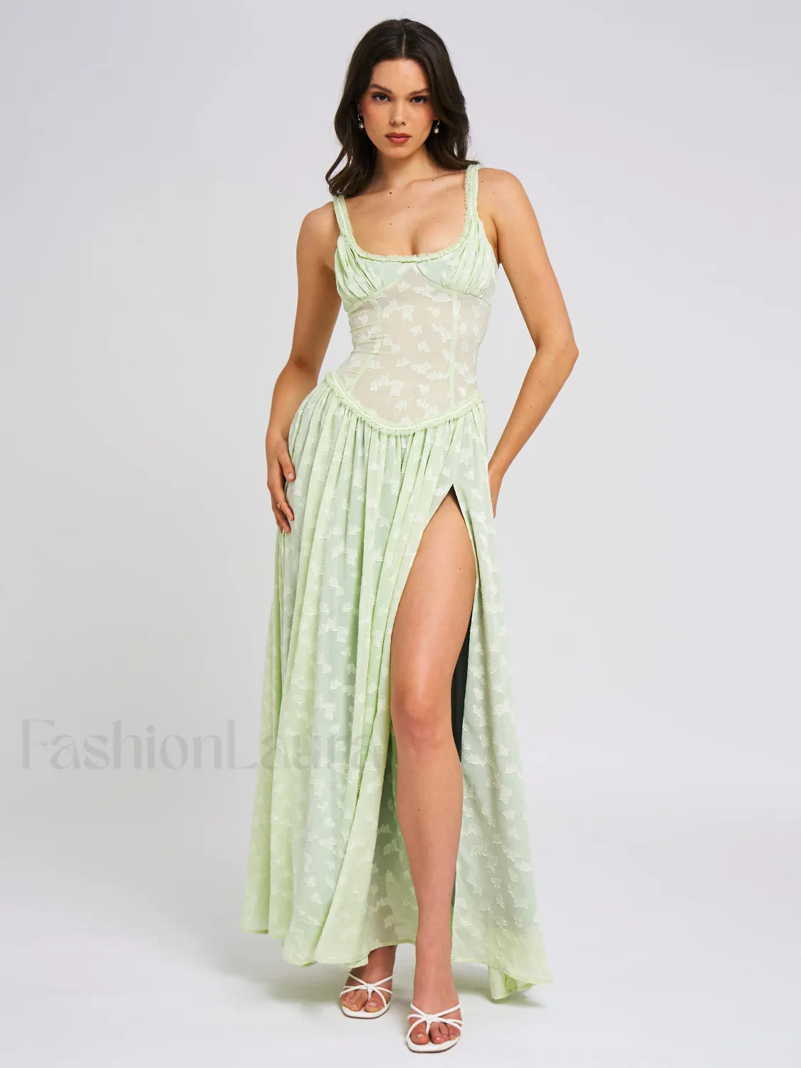 Ulissa Light Green Square Neck Trendy Jacquard Textured High Slit Maxi Dress