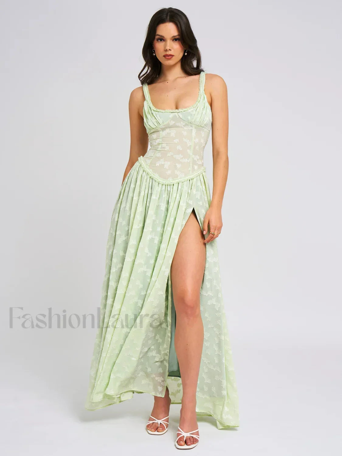 Ulissa Light Green Square Neck Trendy Jacquard Textured High Slit Maxi Dress