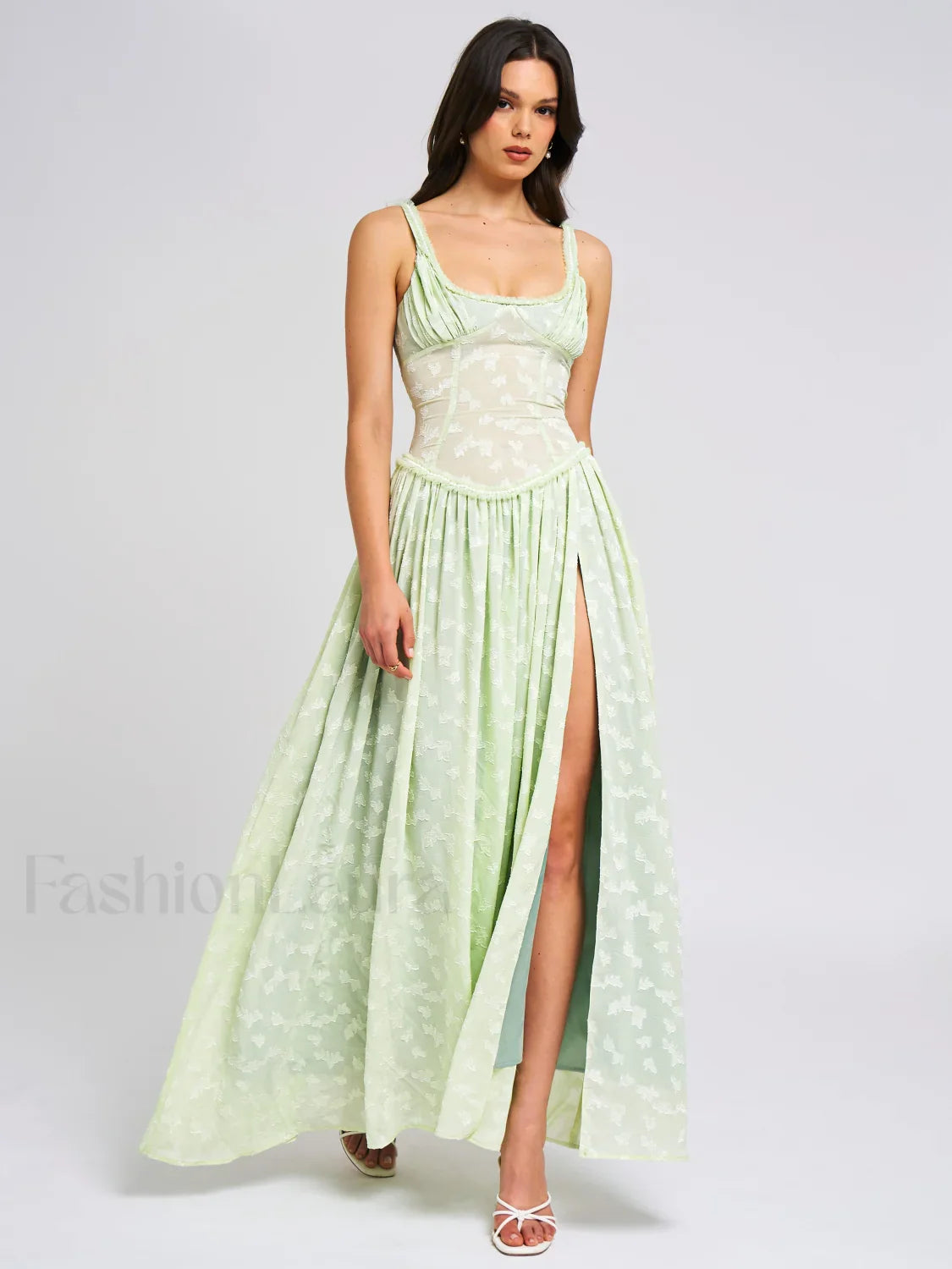 Ulissa Light Green Square Neck Trendy Jacquard Textured High Slit Maxi Dress