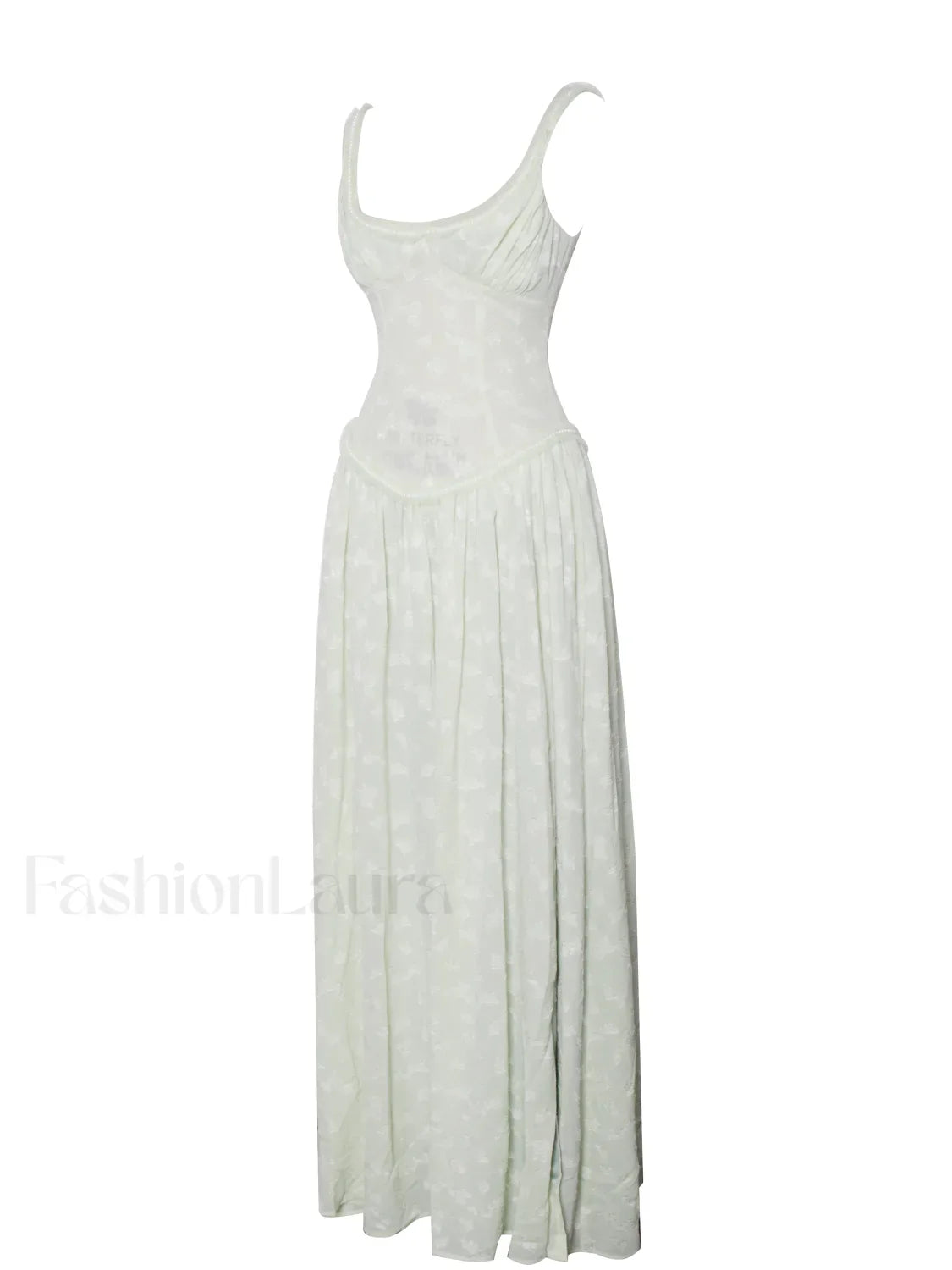 Ulissa Light Green Square Neck Trendy Jacquard Textured High Slit Maxi Dress