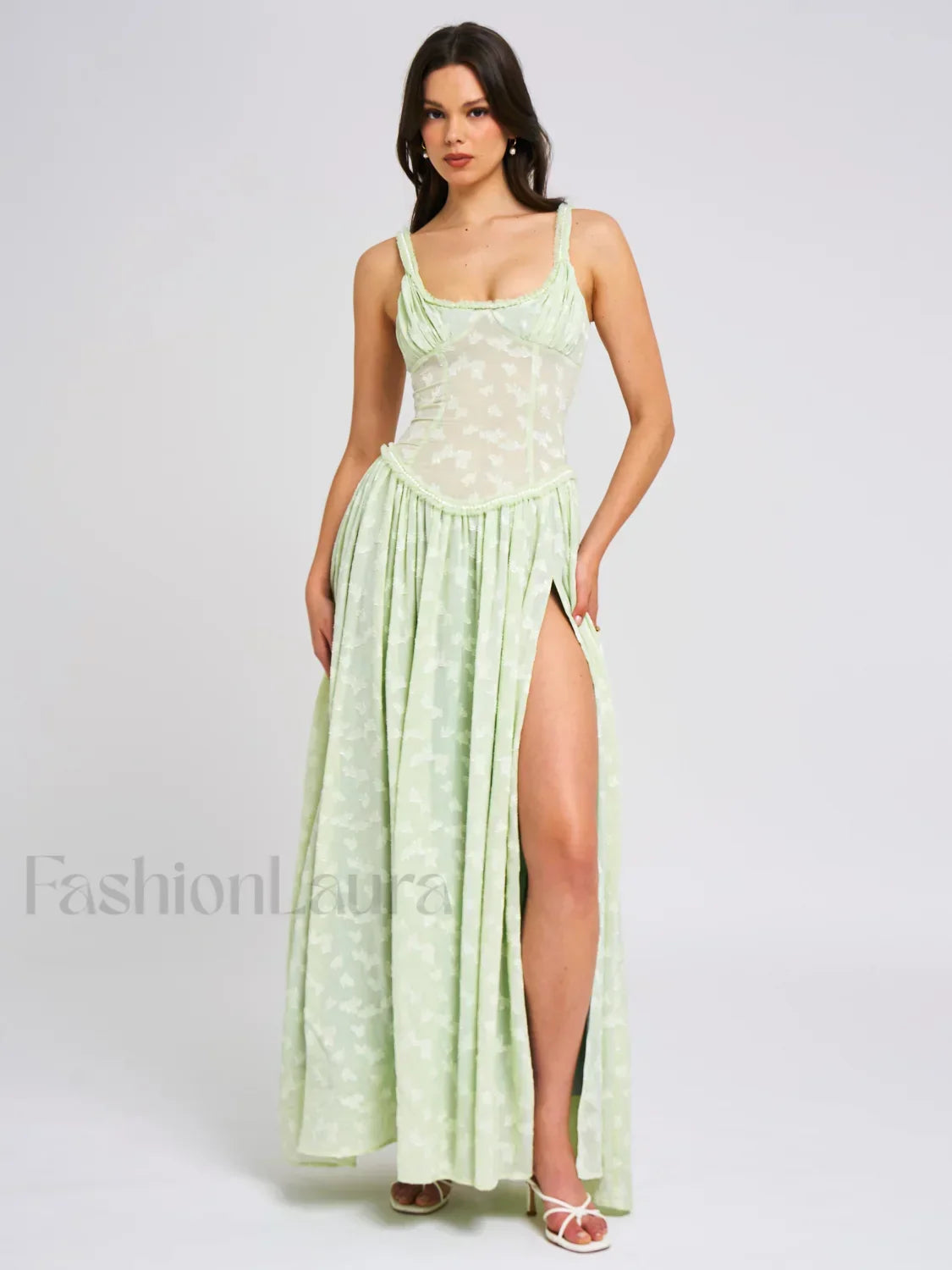 Ulissa Light Green Square Neck Trendy Jacquard Textured High Slit Maxi Dress L / US 10 12 Dresses