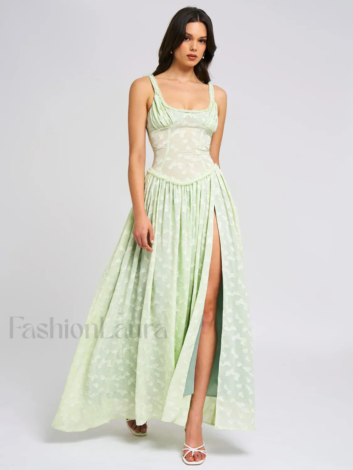 Ulissa Light Green Square Neck Trendy Jacquard Textured High Slit Maxi Dress M / US 6 8 Dresses