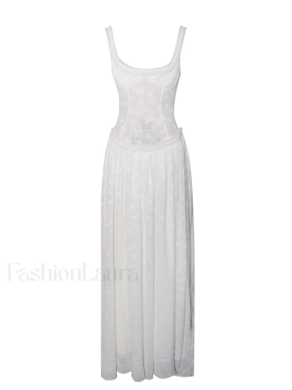 Ulissa White Square Neck Jacquard Trendy Textured High Slit Maxi Dress