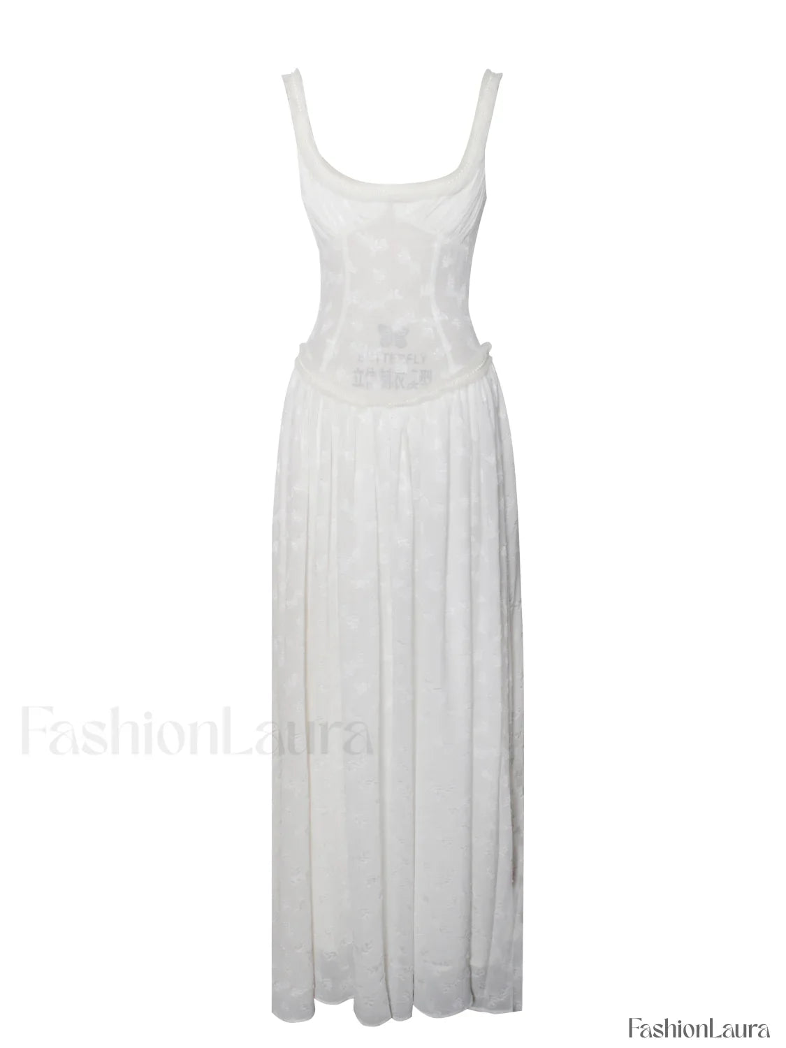 Ulissa White Square Neck Jacquard Trendy Textured High Slit Maxi Dress