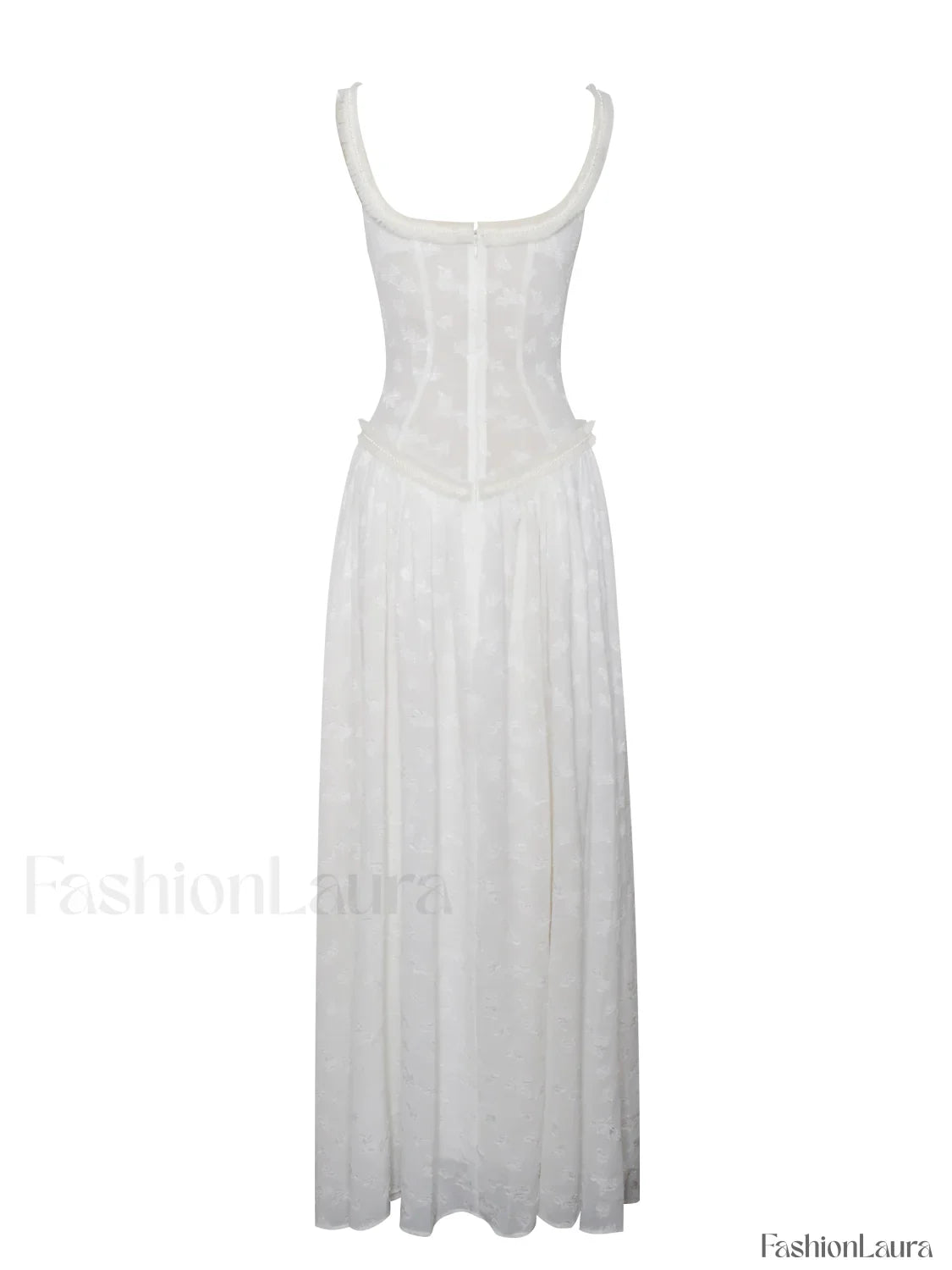 Ulissa White Square Neck Jacquard Trendy Textured High Slit Maxi Dress