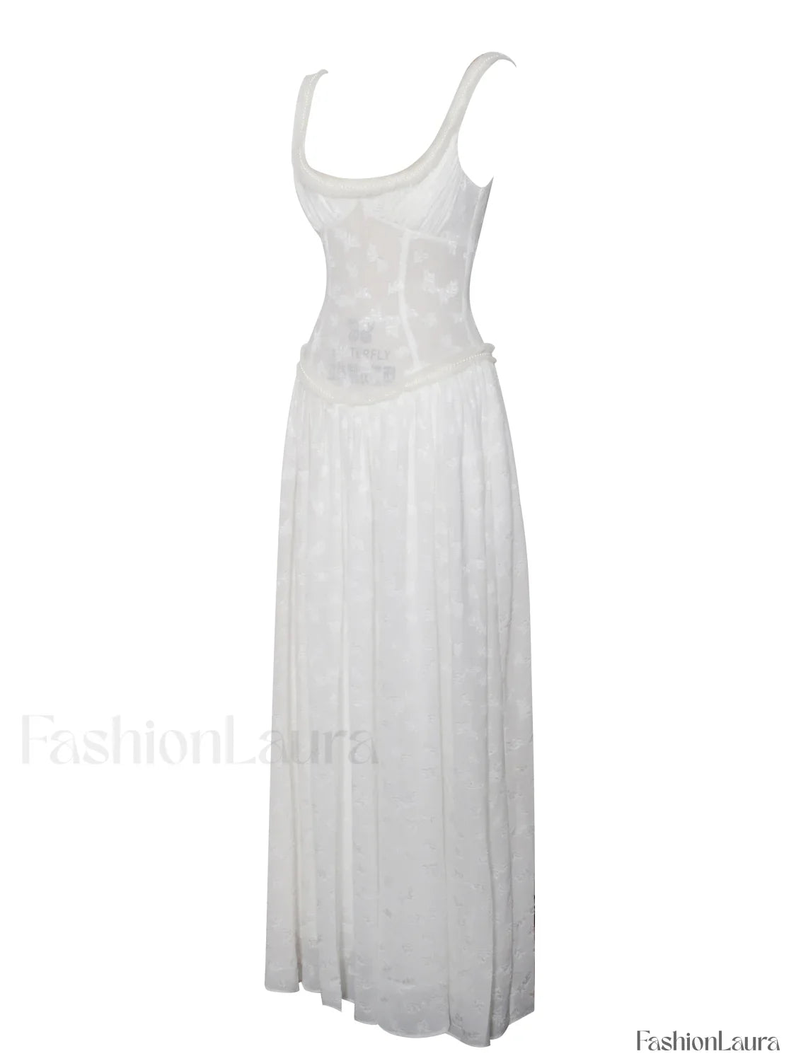 Ulissa White Square Neck Jacquard Trendy Textured High Slit Maxi Dress