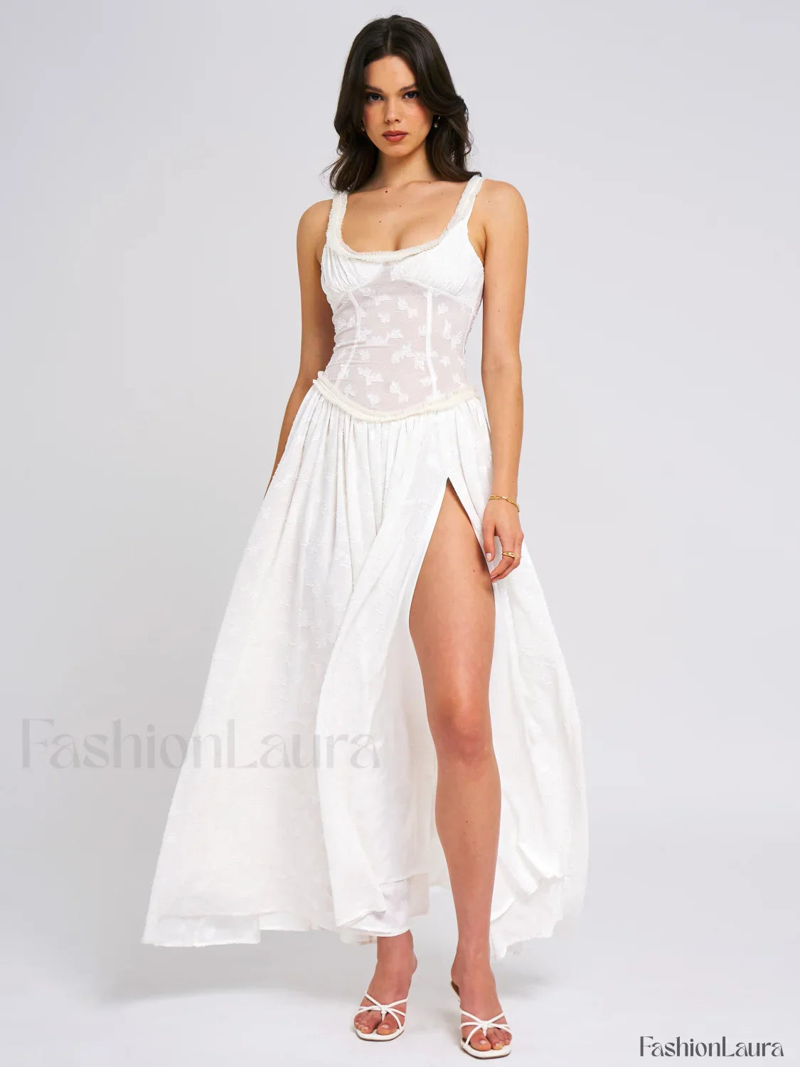 Ulissa White Square Neck Jacquard Trendy Textured High Slit Maxi Dress