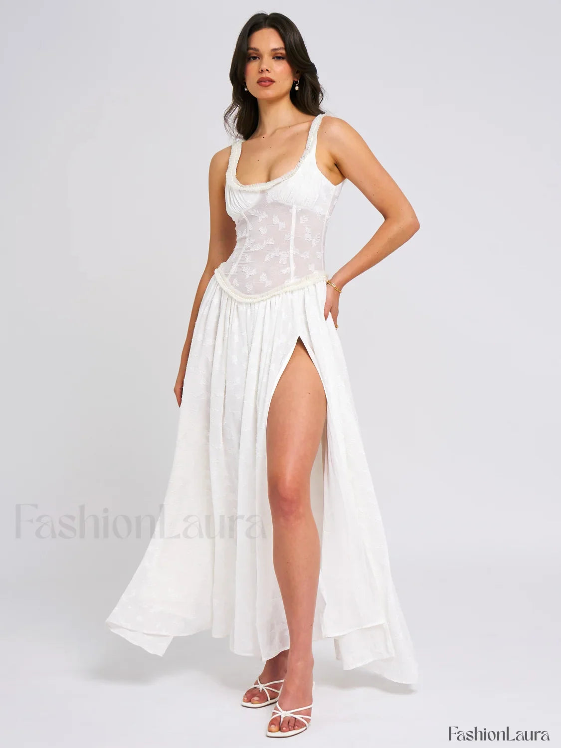 Ulissa White Square Neck Jacquard Trendy Textured High Slit Maxi Dress