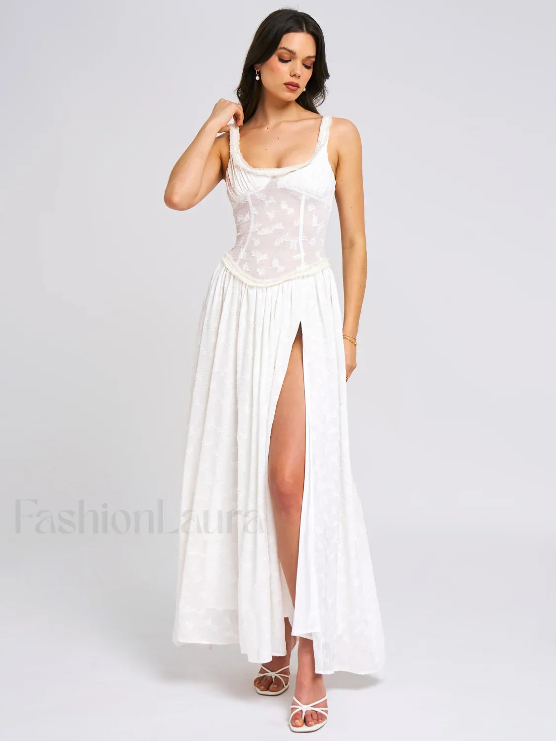 Ulissa White Square Neck Jacquard Trendy Textured High Slit Maxi Dress M / US 6 8 Dresses