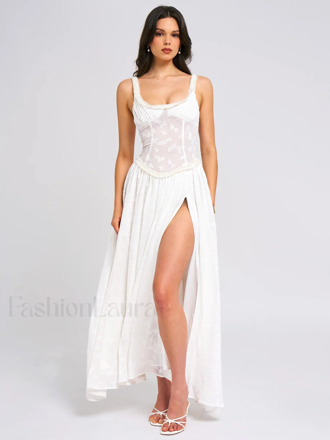 Ulissa White Square Neck Jacquard Trendy Textured High Slit Maxi Dress XL / US 12 14 Dresses