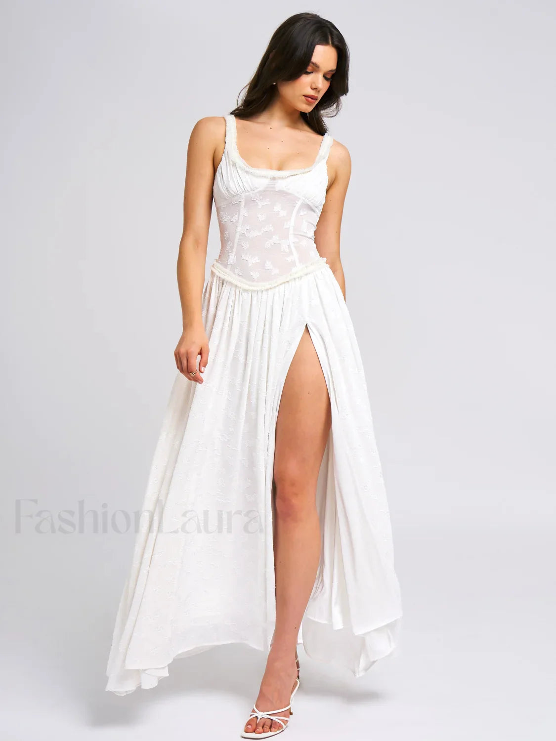 Ulissa White Square Neck Jacquard Trendy Textured High Slit Maxi Dress XXS / US Dresses