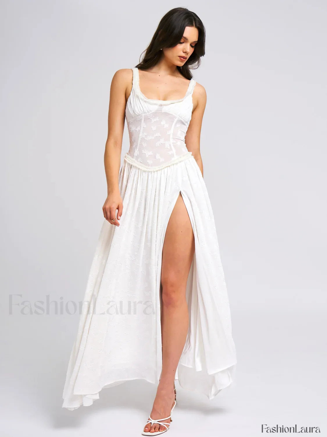 Ulissa White Square Neck Jacquard Trendy Textured High Slit Maxi Dress