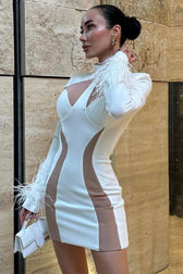 Unique High Neck Feather Trim Long Sleeve Contrast Bandage Mini Dress - White 2