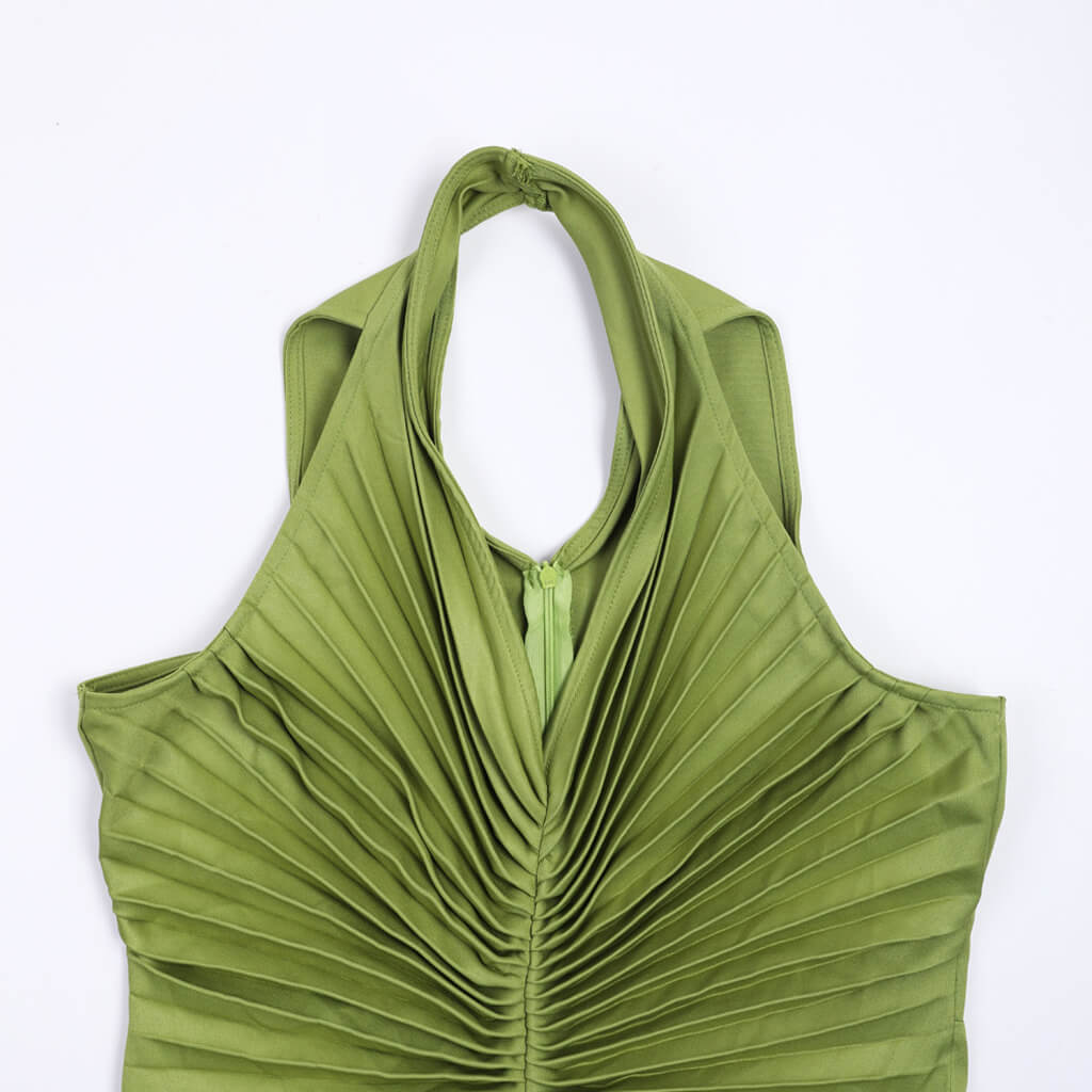 Unique Pleated Detail Solid Color Back CutOut Sleeveless Midi Dress