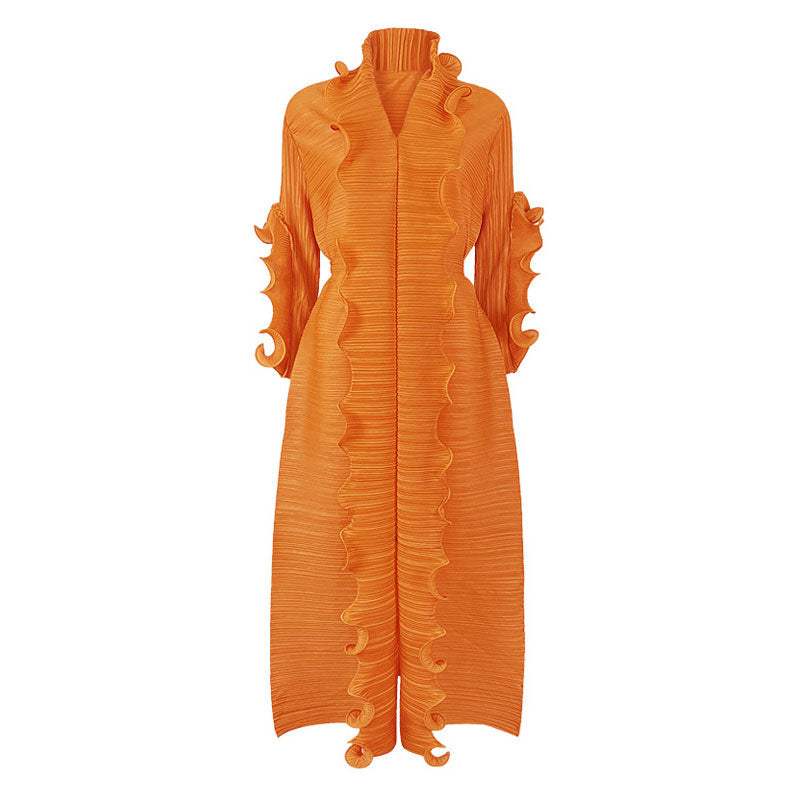 Unique Ruffled Long Sleeve V Neck Front Slit Belted Pleated Maxi Dress