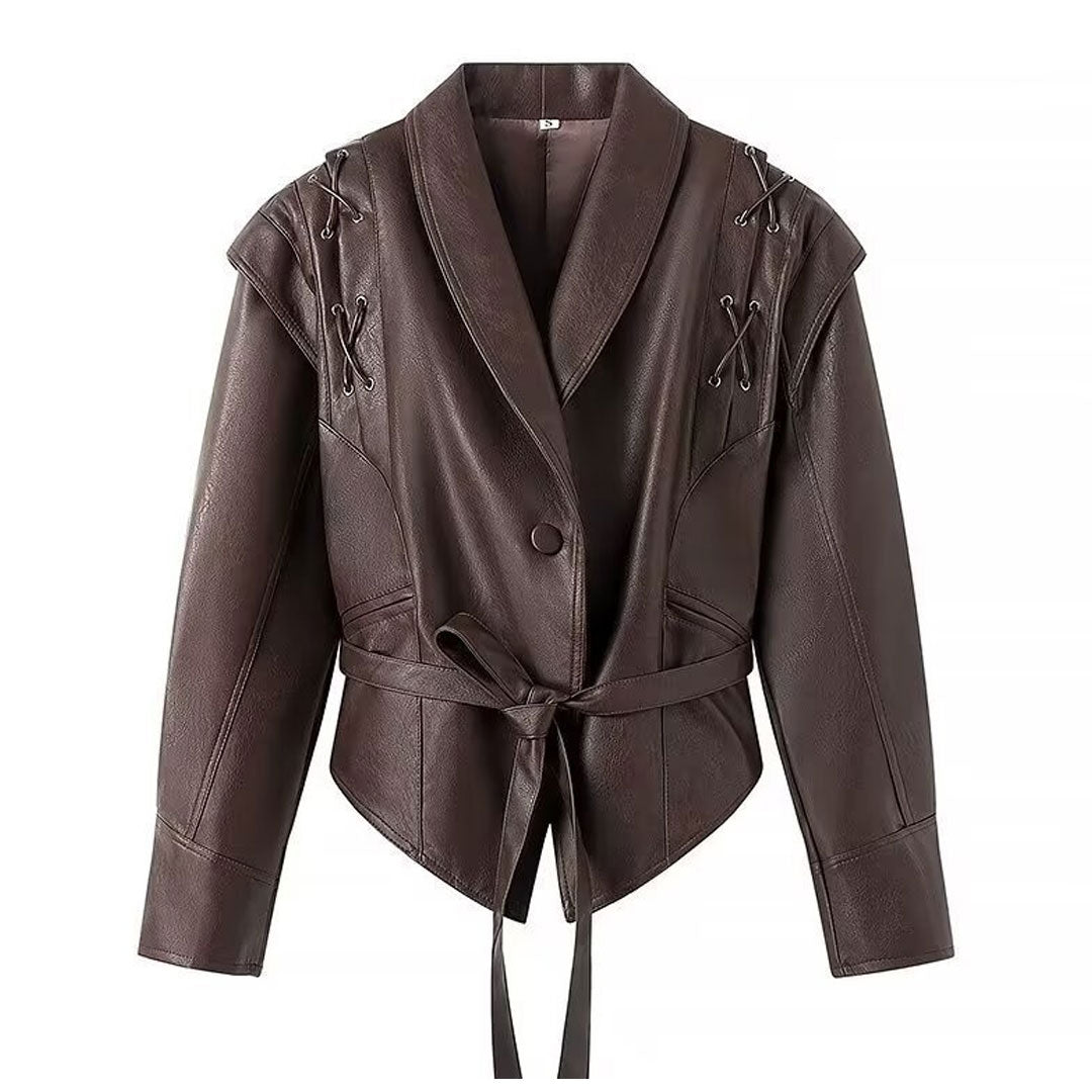 Unique Strong Shoulder One Button Belted Oversize Faux Leather Jacket