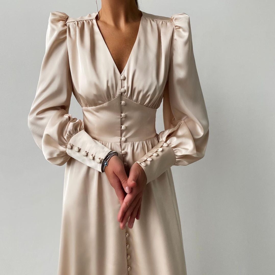Athenian Lantern Sleeve Satin Midi Dress - View 3