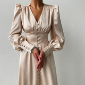 Athenian Lantern Sleeve Satin Midi Dress - View 3
