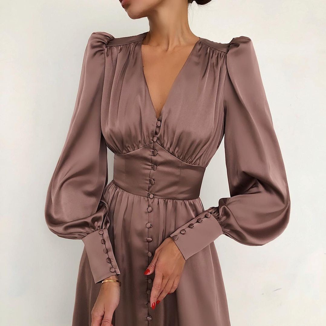 Satin V-Neck Lantern Sleeve Button Front Wide Waistband Midi Dress